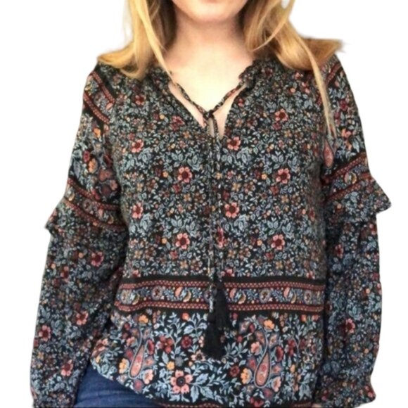American Eagle Womens Flowy Black Ruffle‎ Sleeve Tassel Peasant Blouse Top Small - Picture 1 of 13